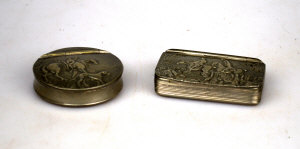 Appraisal: Two pewter snuff boxes with embossed hunting scenes