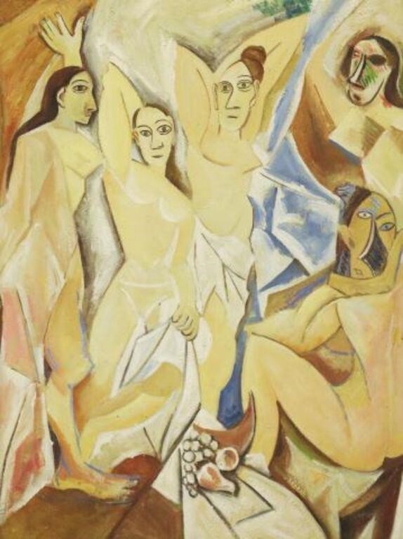 Appraisal: Framed oil on canvas painting Les Demoiselles d'Avignon after the