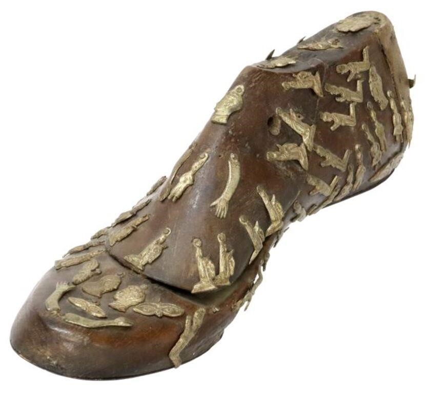 Appraisal: Carved wood shoe form applied with numerous metal Mexican Milagro