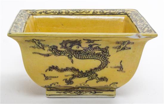 Appraisal: Sale Lot A Black Decorated Yellow Glazed Cache Pot depicting