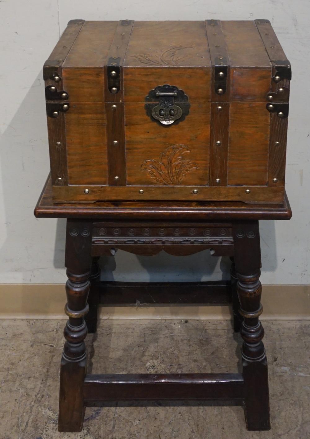 Appraisal: JACOBEAN STYLE OAK STOOL AND A CARVED WOOD AND BRASS