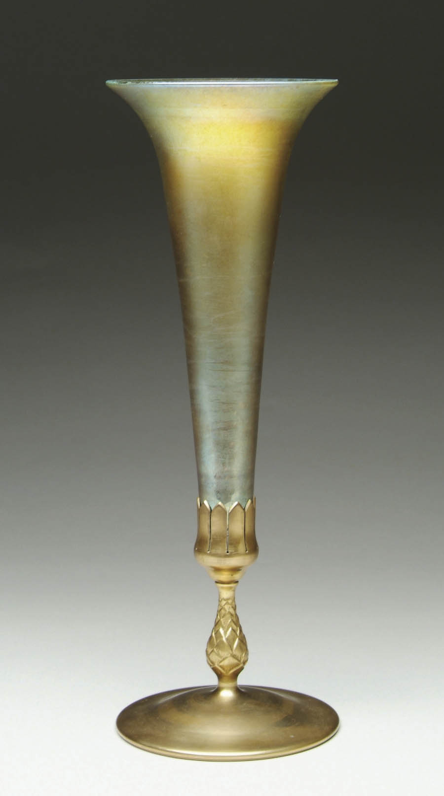 Appraisal: TIFFANY TRUMPET VASE Beautiful Tiffany trumpet vase has gold iridescent