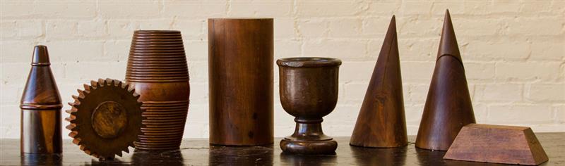 Appraisal: EIGHT WOOD OBJECTS Comprising two vessels two conical shaped objects