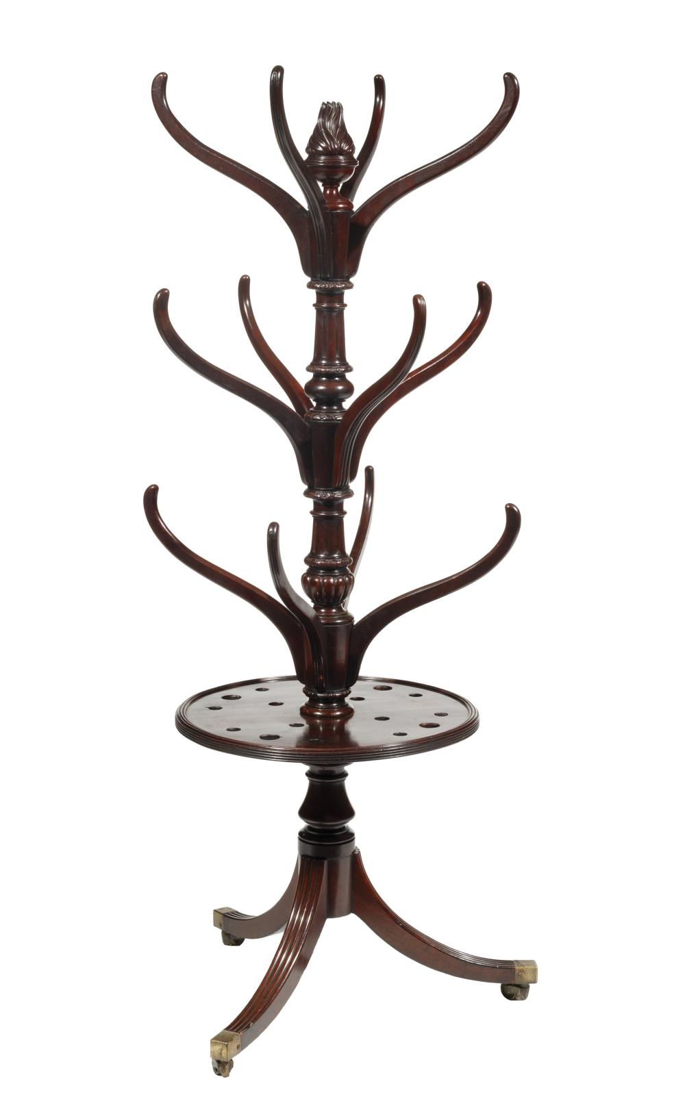 Appraisal: Georgian-Style Carved Mahogany Hallstand late th c flame finial fluted