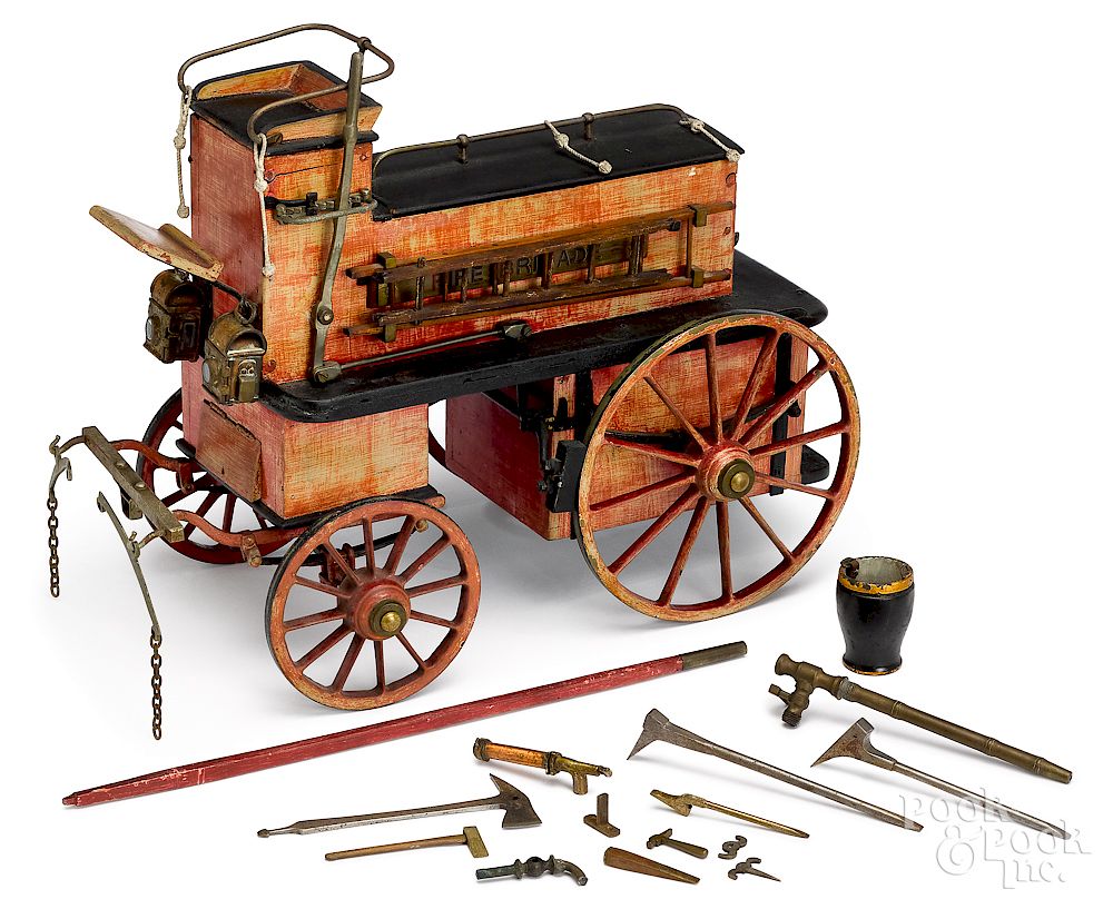 Appraisal: Scale model horse drawn fire brigade wagon Wood iron and