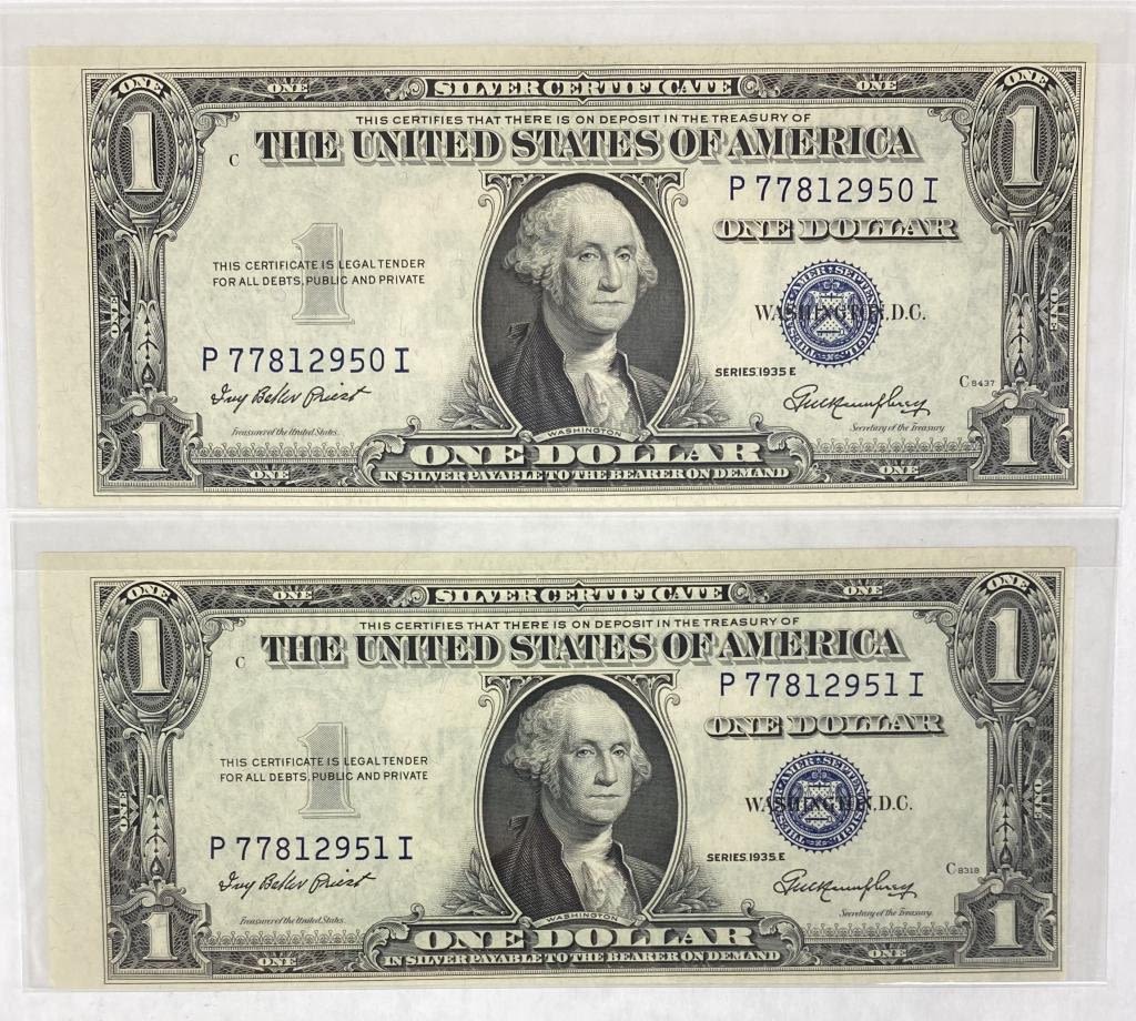 Appraisal: -F Consecutive US Silver Certificatesw Matching Alignment Errors Two crisp