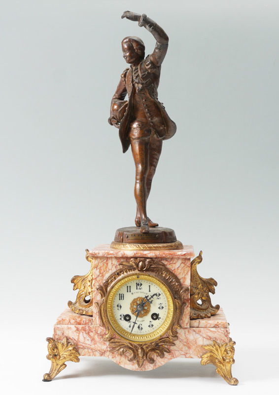 Appraisal: FRENCH FIGURAL SPELTER MARBLE MANTLE CLOCK Patinated spelter finial figure