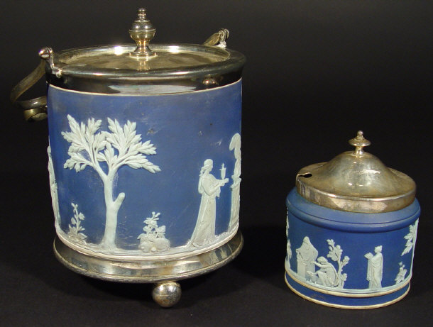 Appraisal: Wedgwood blue Jasperware biscuit barrel with silver plated mount and