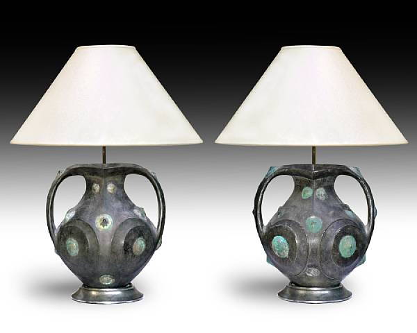 Appraisal: A pair of Chinese black pottery amphorae with applied bronze