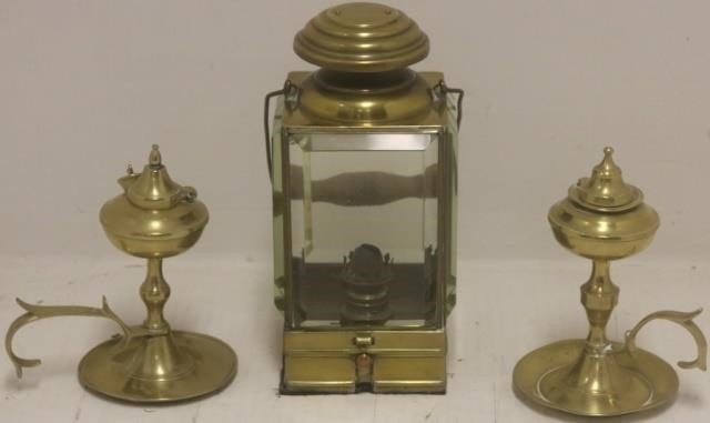 Appraisal: THREE TH C BRASS LIGHTING DEVICES TO INCLUDE HANDLED BRASS