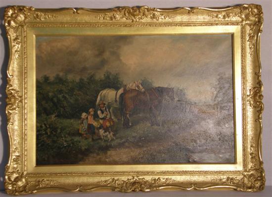 Appraisal: John Locker oil on canvas country scene with horses and