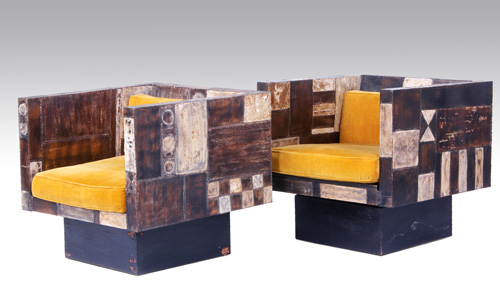 Appraisal: PAUL EVANS Pair of Sculpted Steel cube chairs with gold