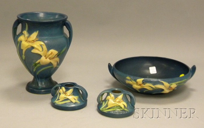 Appraisal: Four Roseville Pottery Zephyr Lily Pattern Table Items a vase