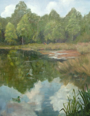 Appraisal: British School mid th century- Wooded river view oil on