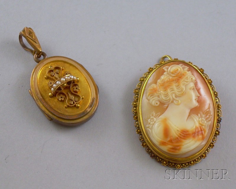 Appraisal: Two Antique Jewelry Items a kt gold-framed shell-carved cameo brooch