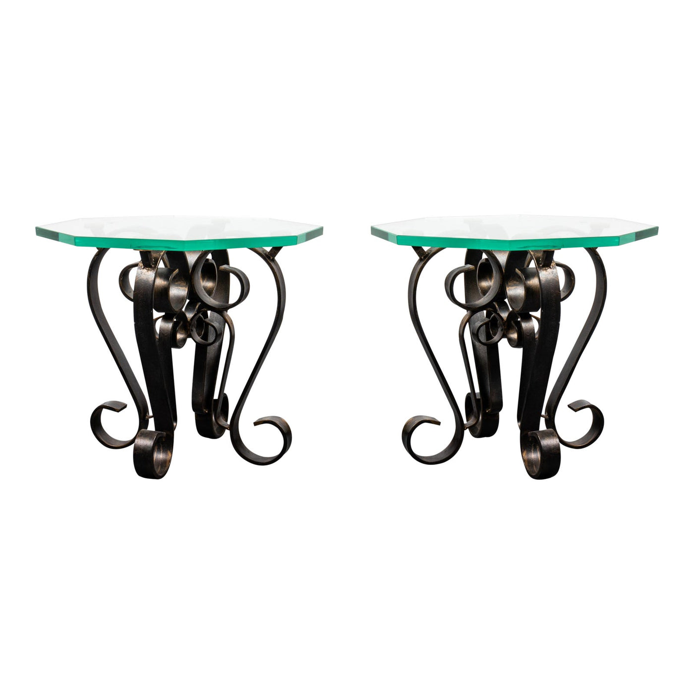 Appraisal: MODERN SCROLLED METAL GLASS TOP SIDE TABLES PAIR Pair of