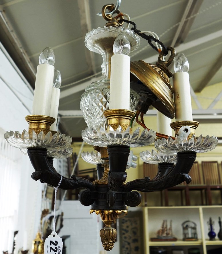 Appraisal: A gilt bronze six light chandelier th century with hobnail