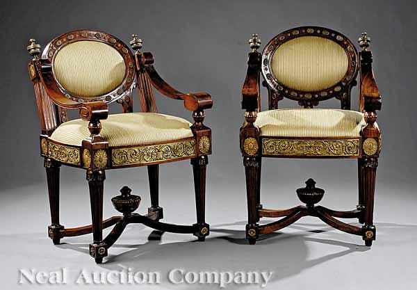 Appraisal: A Pair of Imperial Russian Carved Walnut and Bronze-Mounted Armchairs