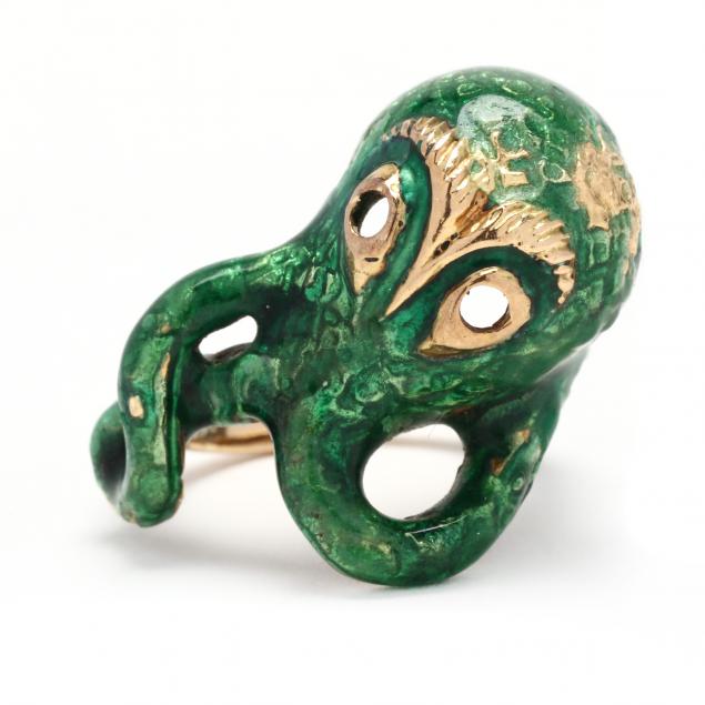 Appraisal: GOLD AND ENAMEL OCTOPUS RING Designed as an octopus in