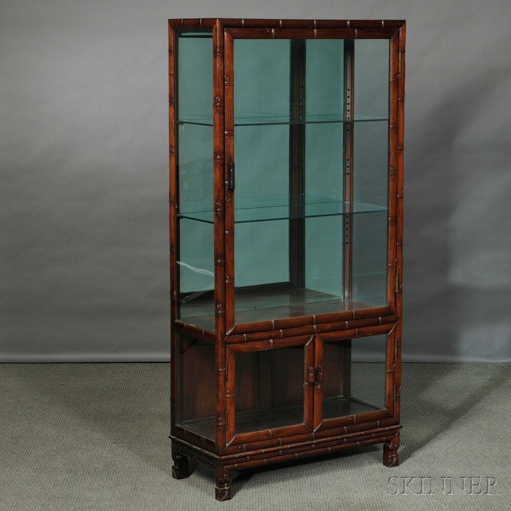 Appraisal: Glazed Faux Bamboo Display Cabinet China hardwood mirrored back x