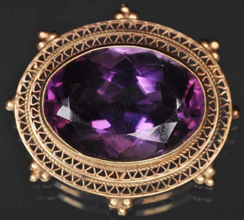 Appraisal: K Y Gold Large Amethyst Pin Pendant Open filigree work