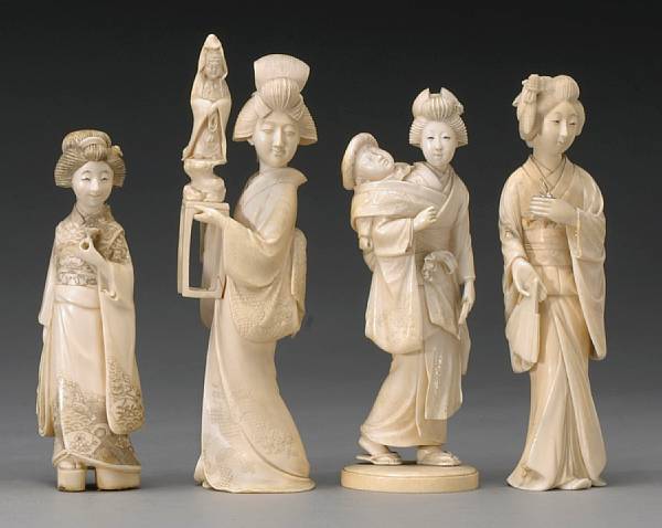 Appraisal: Group of nine ivory okimono Including a Meiji period beauty