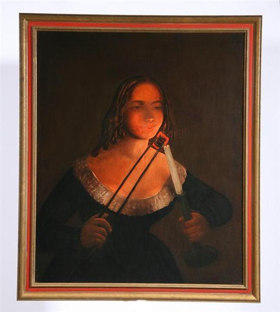 Appraisal: PORTRAIT OF A GIRL LIGHTING A CANDLE AMERICAN LATE TH