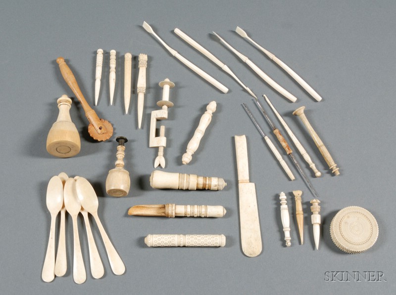 Appraisal: Thirty Small Scrimshaw Items th century ivory items including five