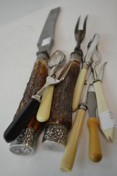 Appraisal: PAIR OF ANTLER HANDLED AND STERLING MOUNTED CARVERS AND ASSORTED