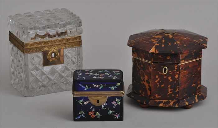 Appraisal: REGENCY TORTOISESHELL OCTAGONAL TEA CADDY AND TWO FRENCH GLASS BOXES