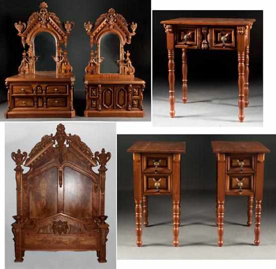 Appraisal: Victorian style carved walnut five-piece bedroom suite comprising a bedstead