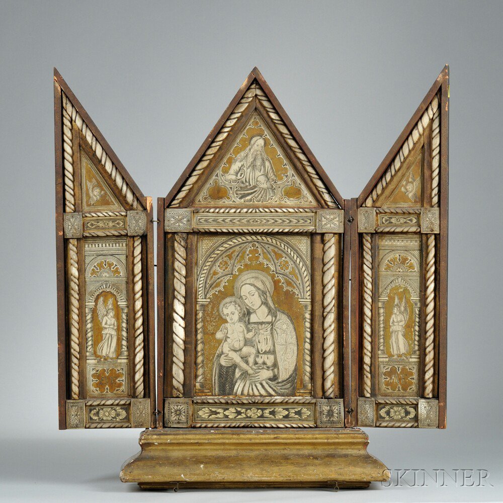 Appraisal: Mother and Child Cased Triptych depicting ecclesiastical themes the triptychs