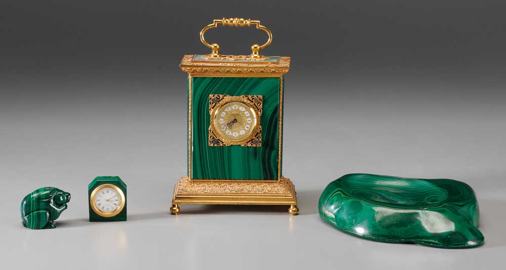 Appraisal: Four Pieces Malachite free-form dish - in miniature clock -