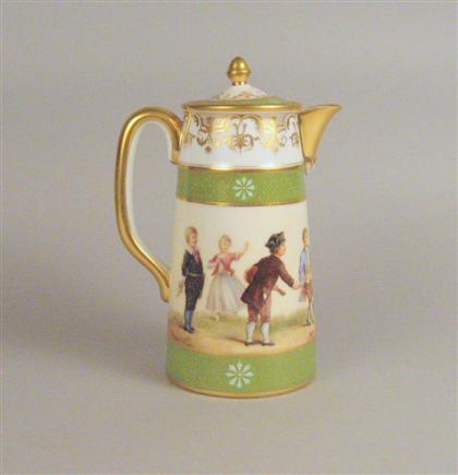 Appraisal: Dresden Richard Klemm porcelain coffeepot circa Of tapered cylinder form