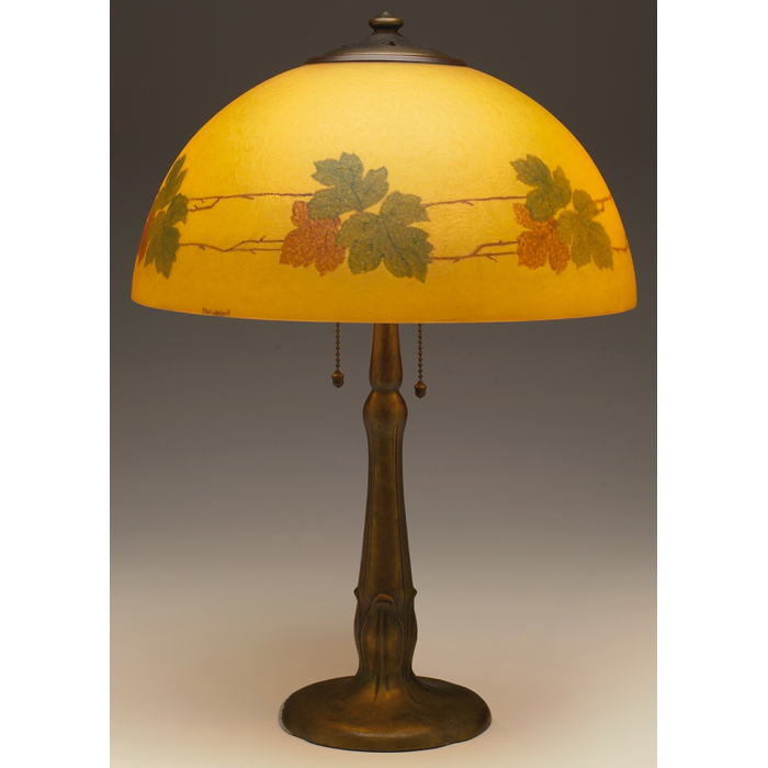 Appraisal: Handel lamp reverse painted shade decorated with leaves mounted on