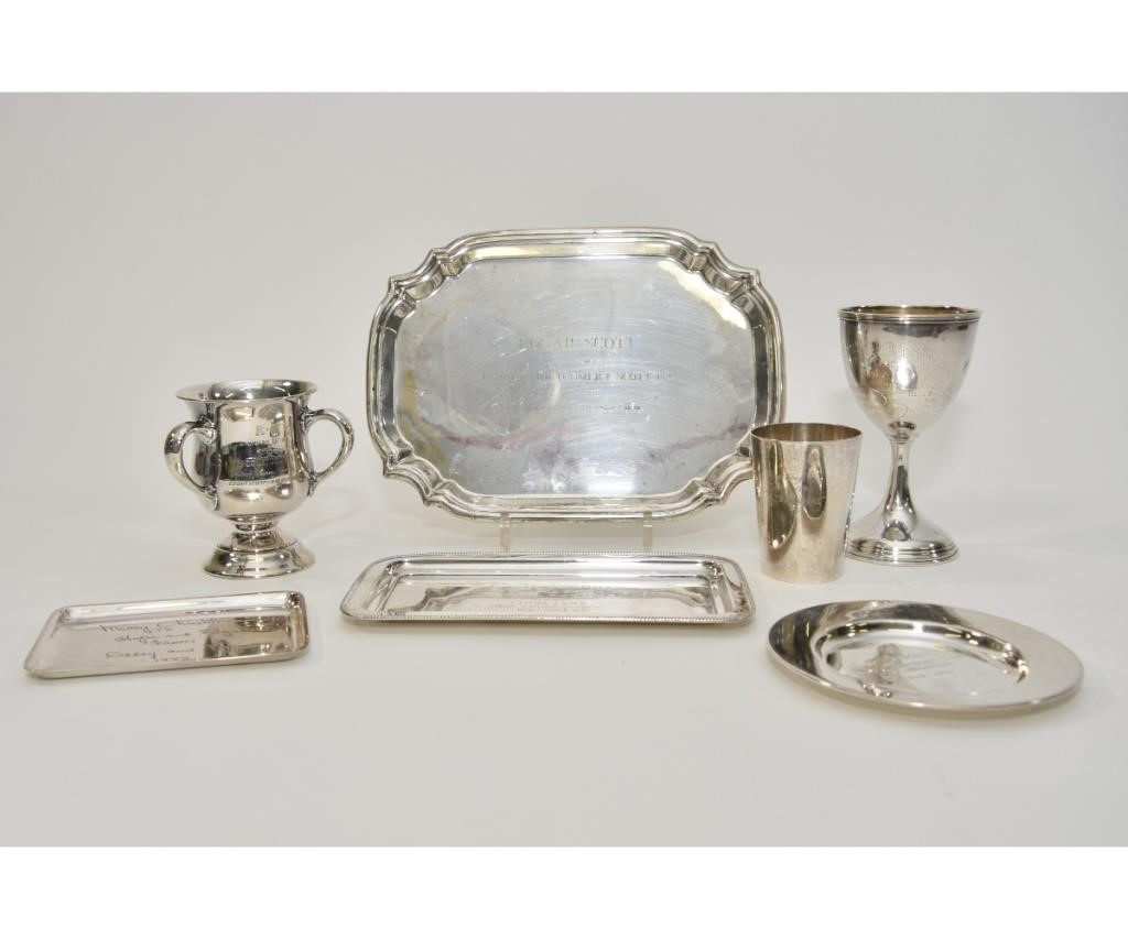 Appraisal: Sterling silver trophy trays etc largest x and a racquet