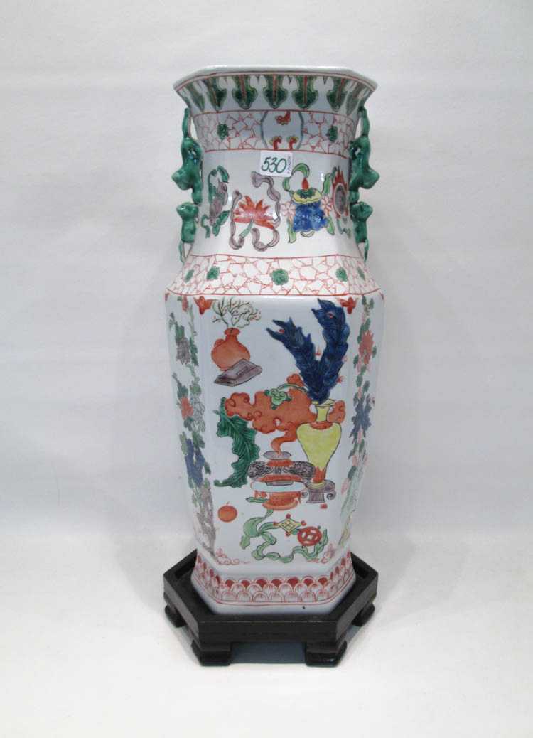 Appraisal: CHINESE REPUBLIC PORCELAIN VASE hexagon form with stylized dragon handles