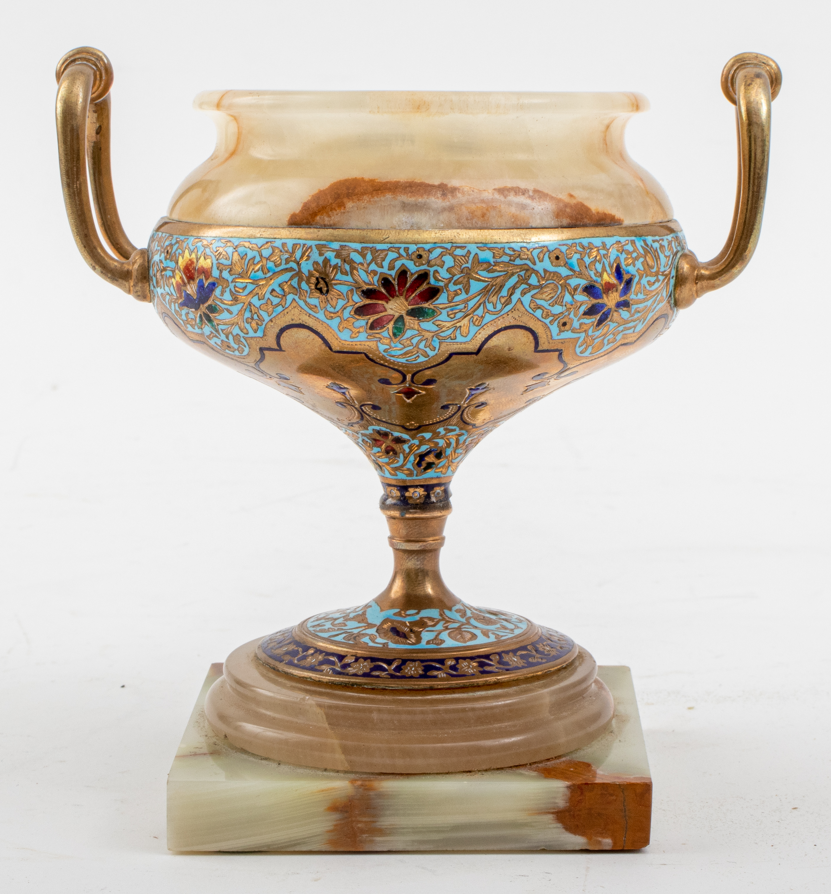 Appraisal: FRENCH CHAMPLEVE ENAMEL MOUNTED ONYX TAZZA Antique French champleve enamel