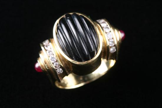 Appraisal: LAGOS K YELLOW GOLD BLACK ONYX RUBY AND DIAMOND RING