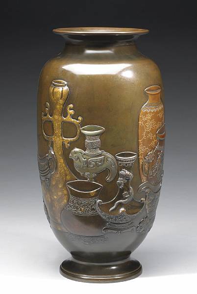 Appraisal: A tall mixed metal vase Meiji Period Of high-shouldered ovoid