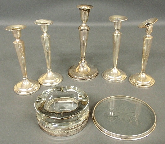 Appraisal: - Five weighted sterling silver candlesticks tallest h glass ashtray