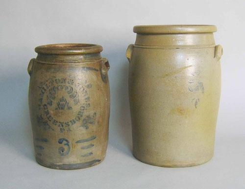 Appraisal: Three gallon Hamilton Jones stoneware crock h together with another