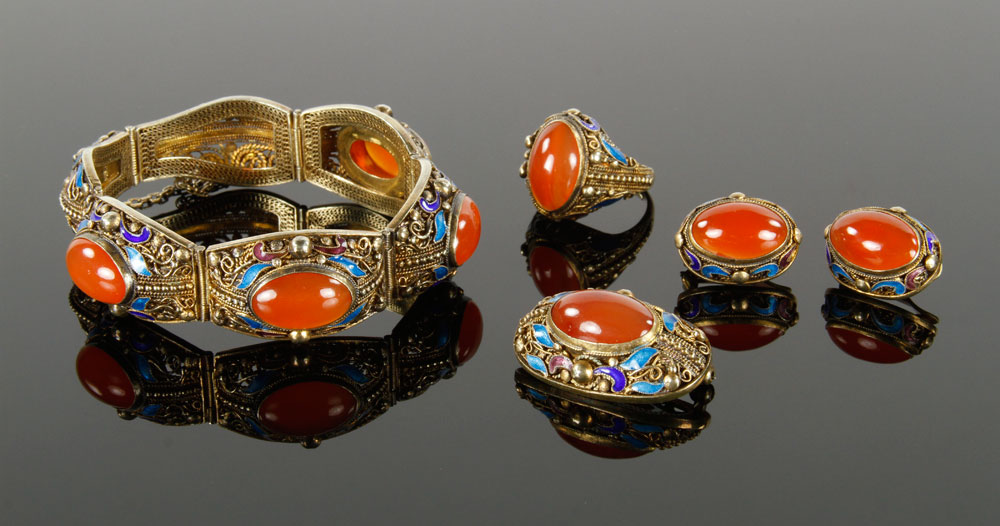 Appraisal: - Chinese Enameled Gilt Silver and Cornelian Jewelry Suite Chinese