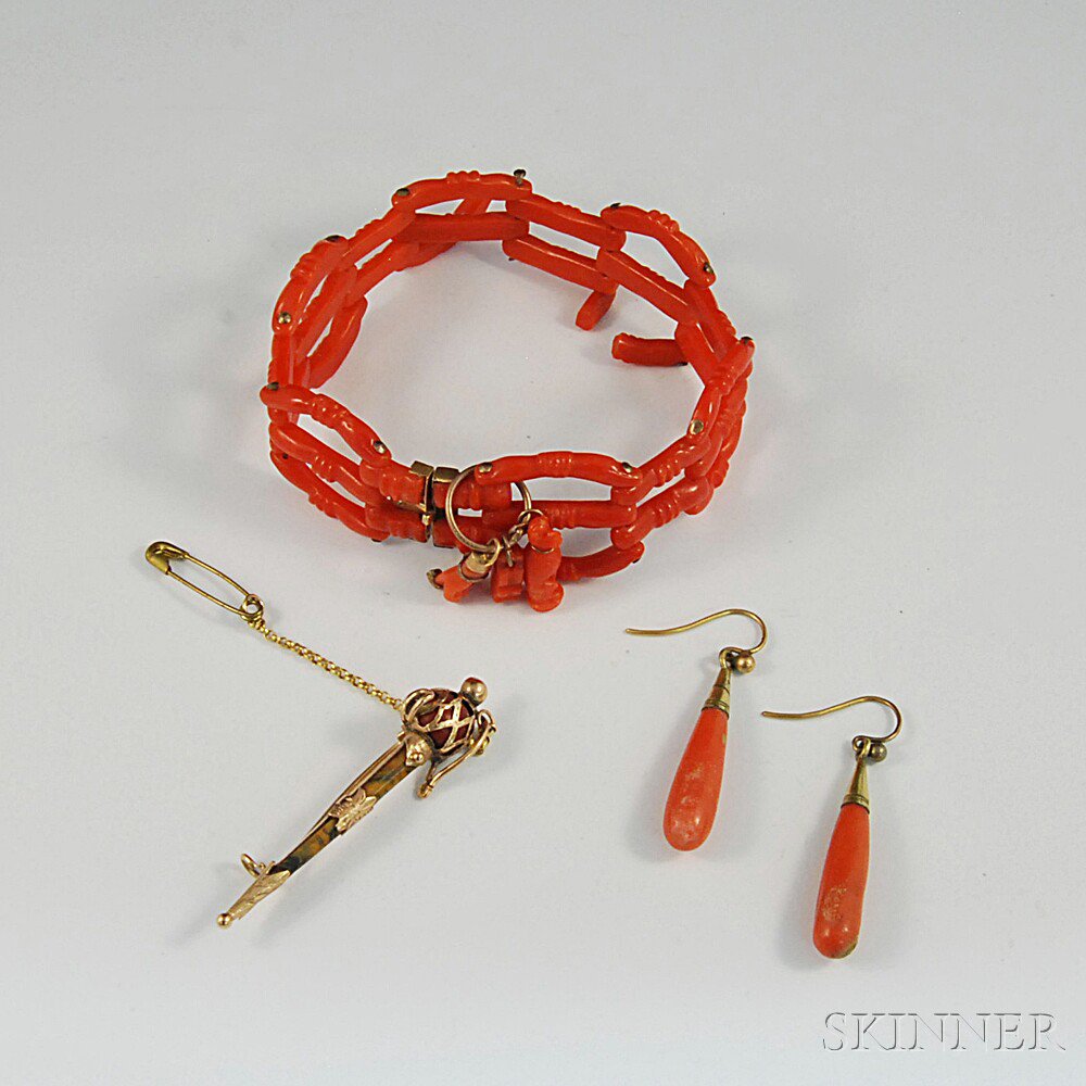 Appraisal: Small Group of Jewelry a bracelet formed of carved coral