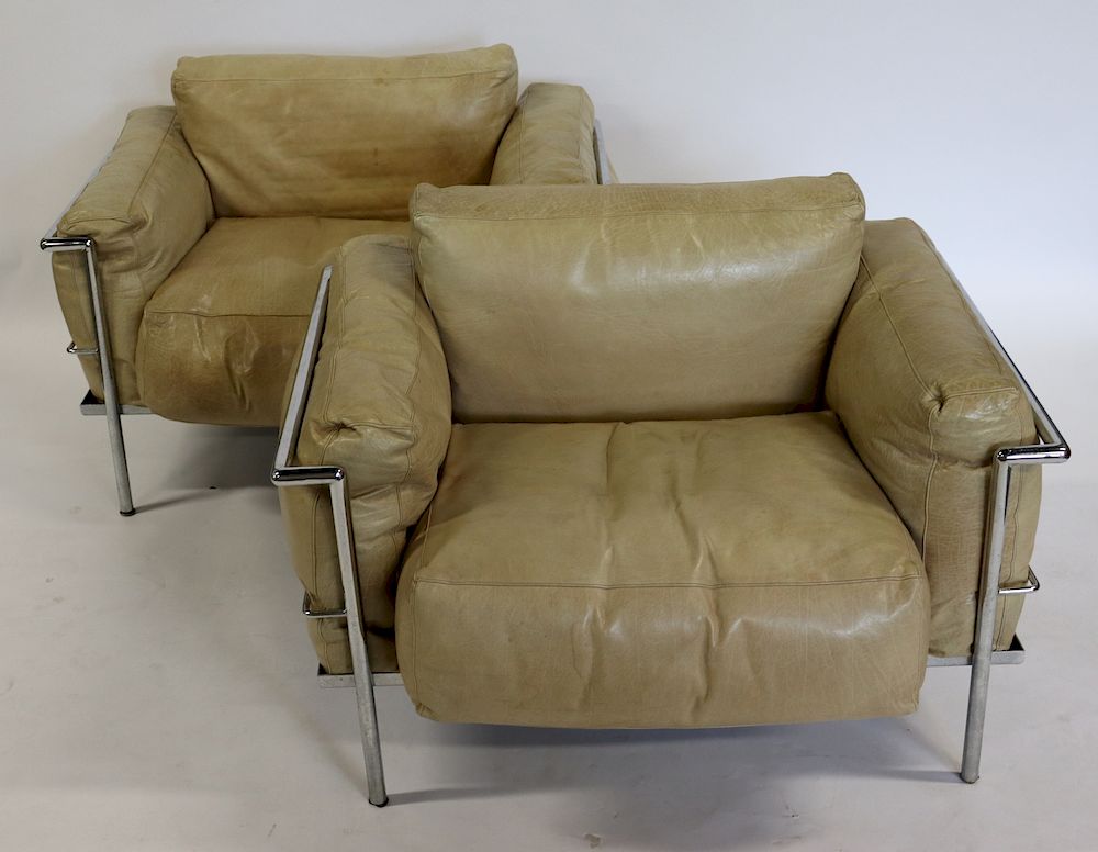 Appraisal: MIDCENTURY Pair Of Corbusier Chairs Unusual color leather and a