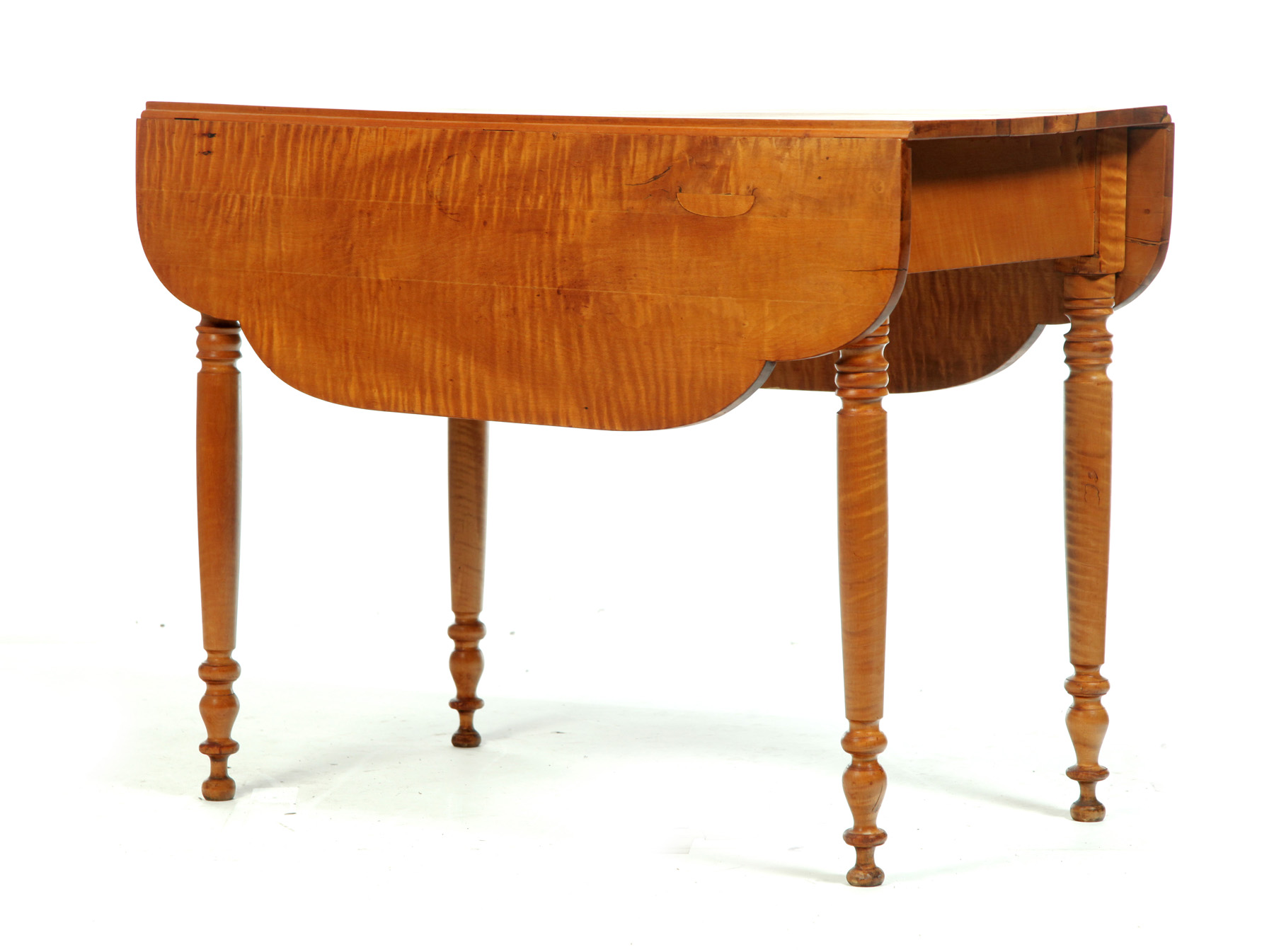 Appraisal: COUNTRY SHERATON TIGER MAPLE DROP LEAF TABLE American nd quarter-