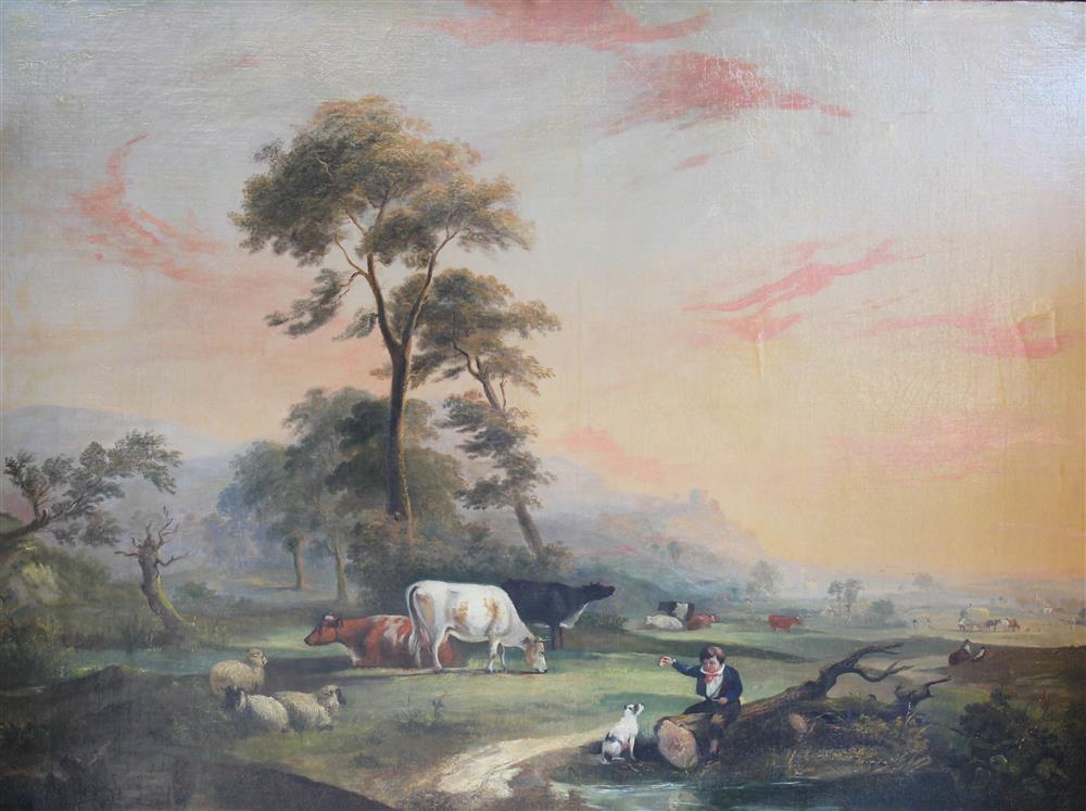 Appraisal: BRITISH SCHOOL TH CENTURY LANDSCAPE WITH COWS Oil on canvas