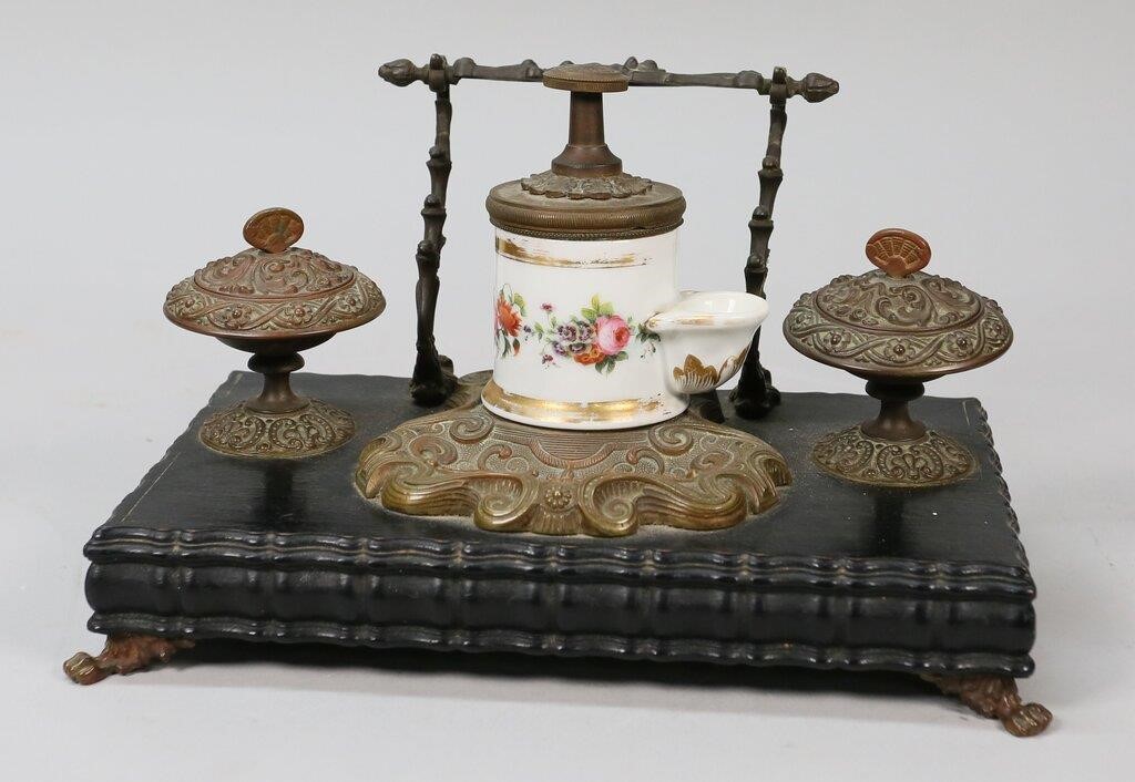 Appraisal: Wood bronze and porcelain paw foot inkstand L x D