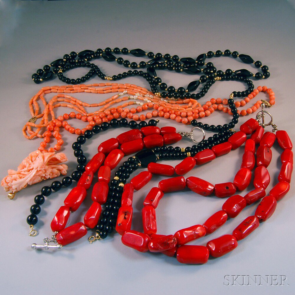 Appraisal: Group of Onyx and Coral Jewelry two pink coral necklaces