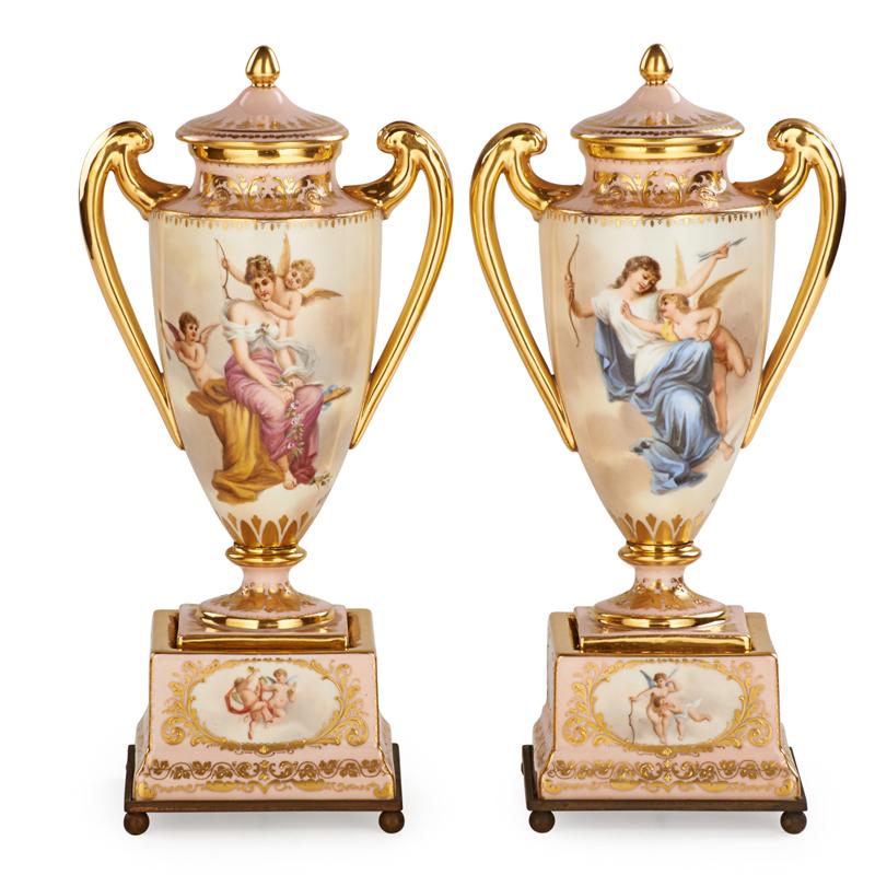 Appraisal: PAIR OF VIENNA PORCELAIN URNS Condition Report